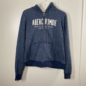Abercrombie & Fitch Sherpa Lined Zip Hoodie Blue Logo Jacket Size L